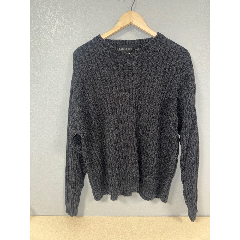 Baracuta Mens Large Charcoal Grey Ribbed 100% Cotton Crew Neck Sweater Australia